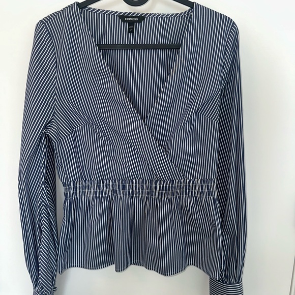 Express Blue and White Puff Sleeve Wrap Blouse - Picture 1 of 3
